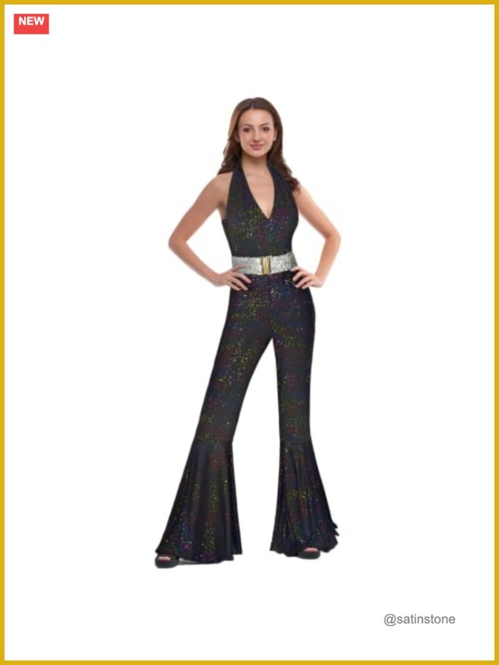 70s Disco Costume Halter Jumpsuit with Sequin Belt